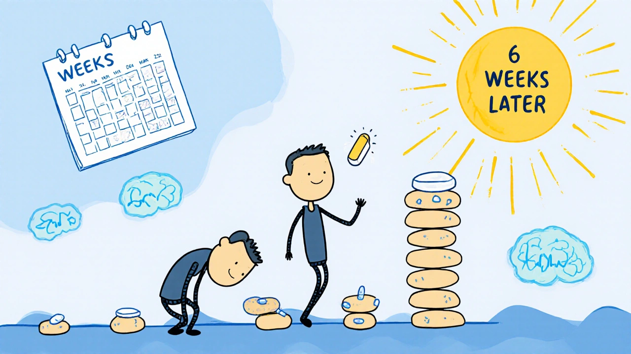 A person transforming over weeks with pills as steps, ECG line steadying, brain glowing calmly.