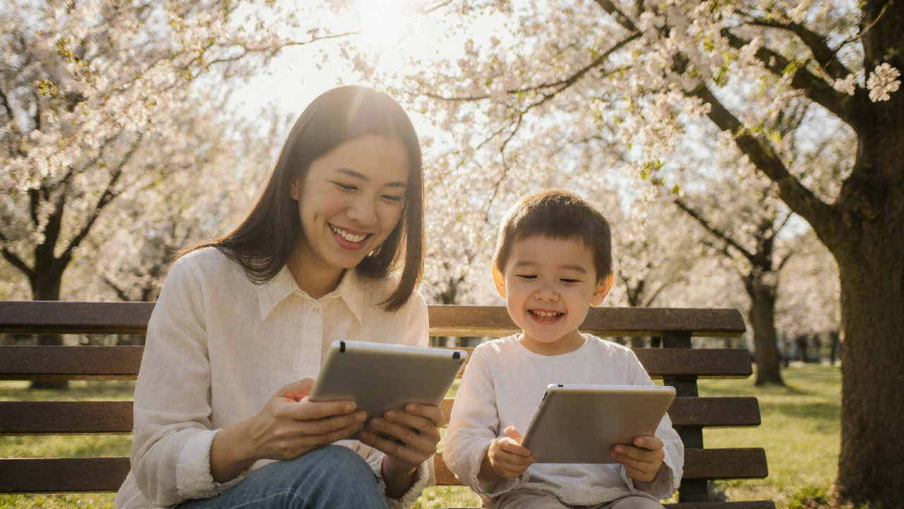 Adult and child taking tablets in sunny park, looking relieved.