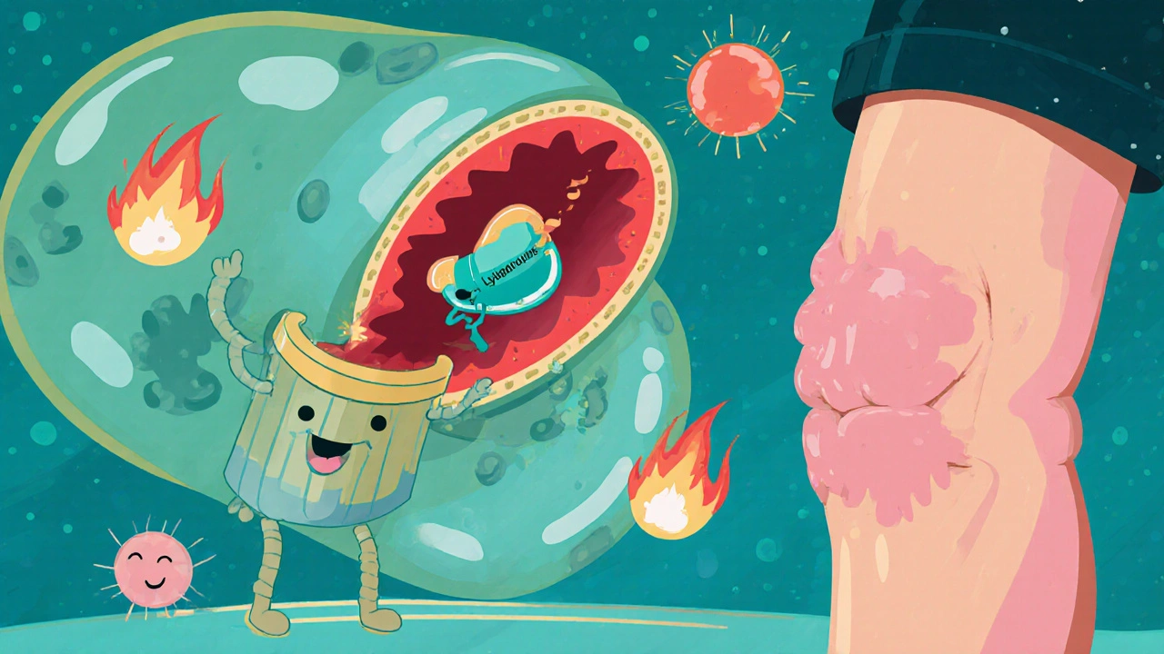 Cartoon cell showing hydroxychloroquine entering a lysosome and calming cytokine fireballs.