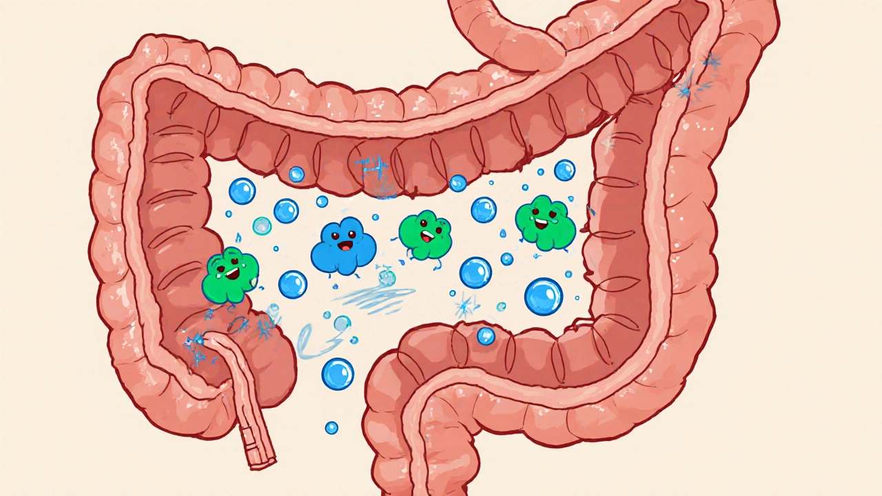 Cartoon colon being filled with water droplets drawn by polymer particles.