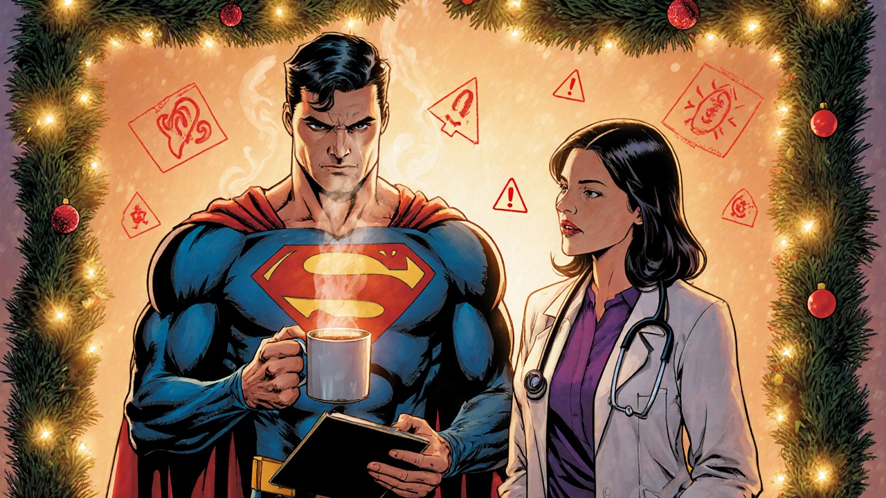 Celebration scene showing a healthy person with a doctor, notebook, and tea, with subtle warning icons.
