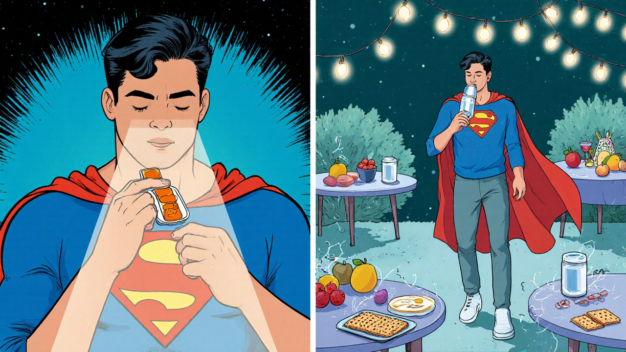 Comic split panel of a person taking medication and practicing breathing at a holiday party.