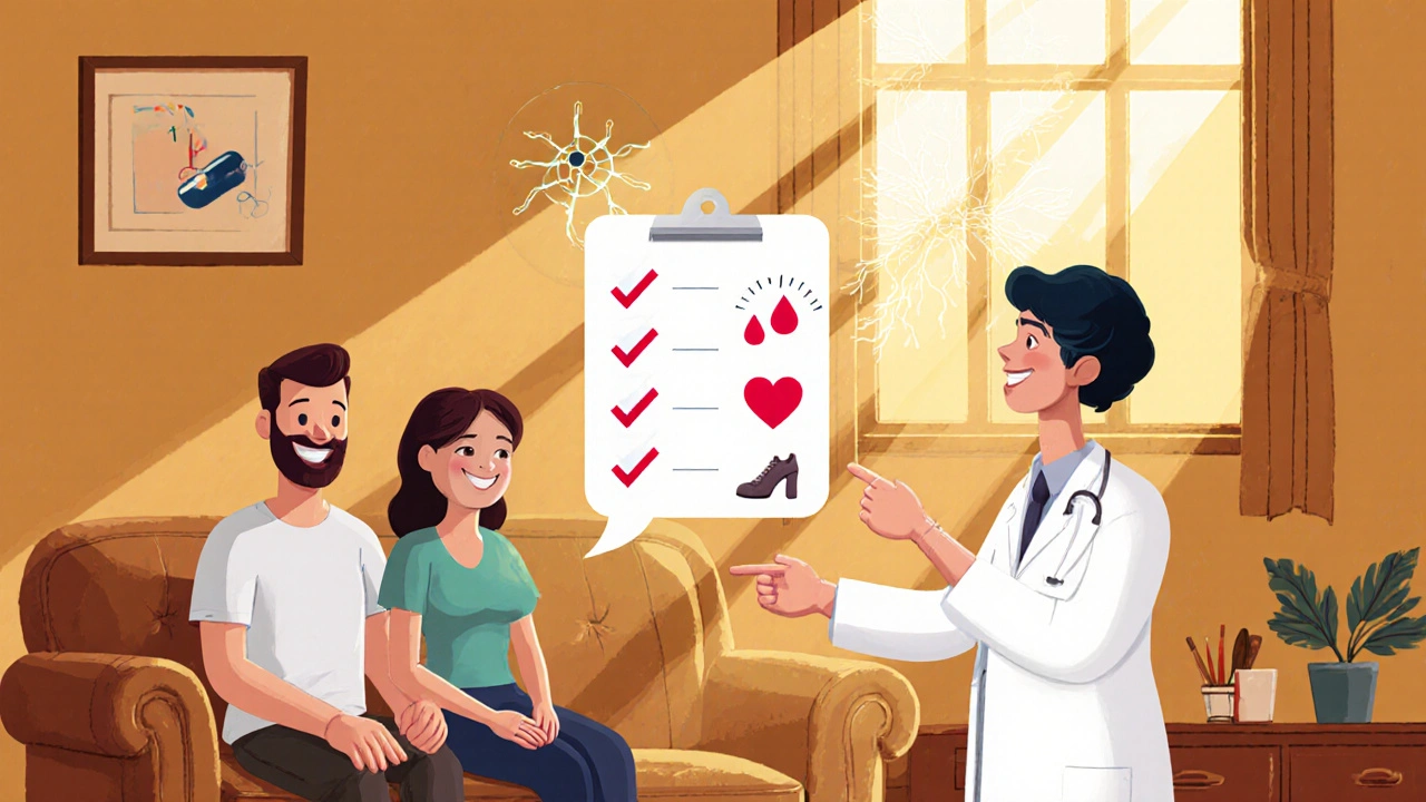 Couple holding hands on a couch with a doctor pointing to a floating checklist, warm sunrise lighting.