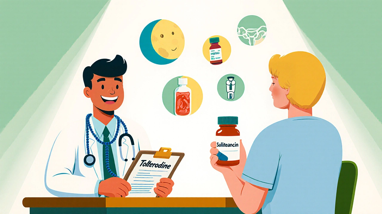 Doctor and patient discussing Tolterodine, surrounded by dosage and treatment icons.