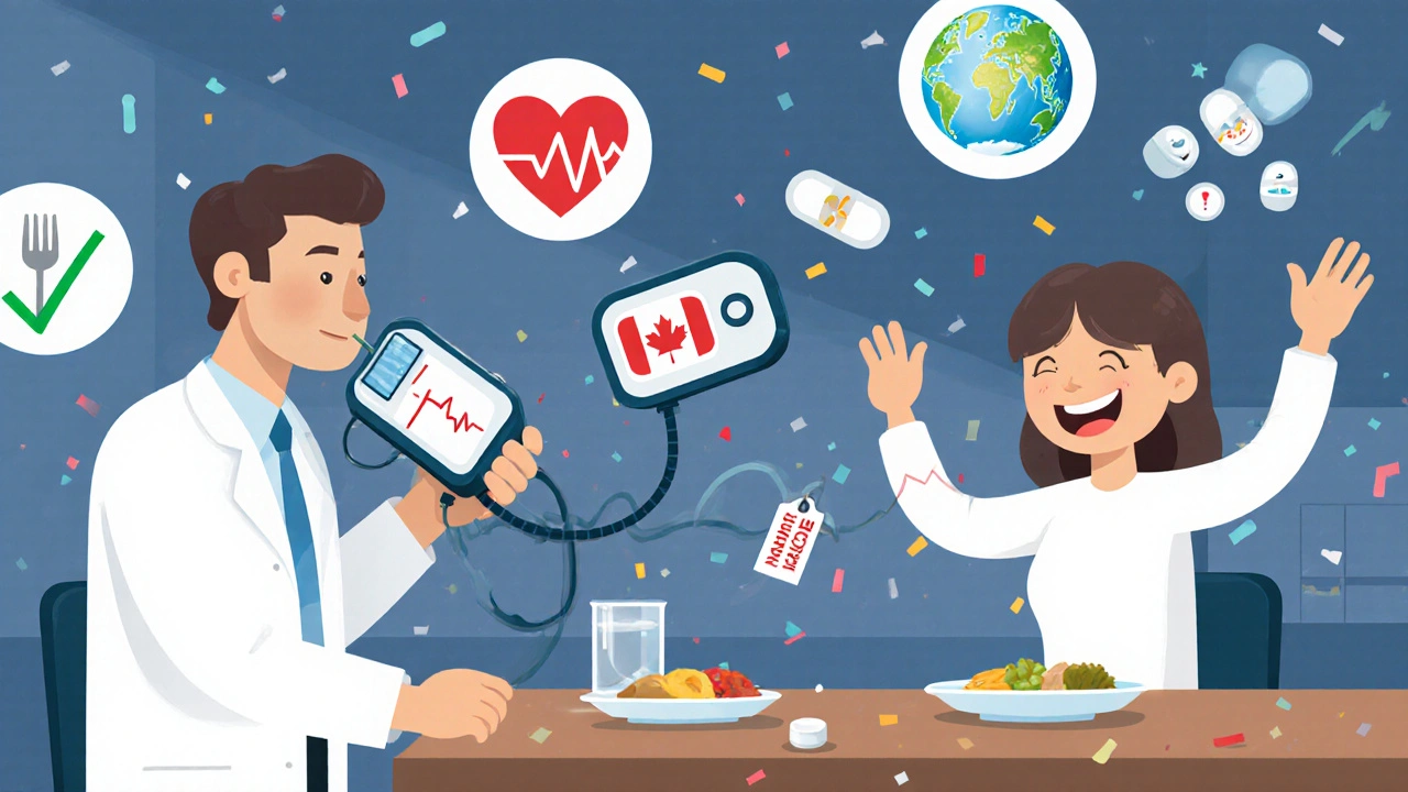 Doctor monitoring a healthy ECG as patient eats small meal, with domperidone, heart check, and diet icons floating nearby.