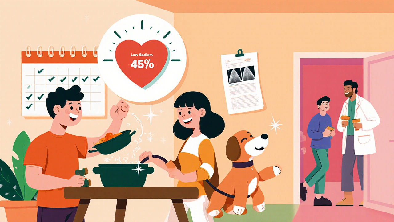 Family scene showing low‑sodium cooking, walking a dog, and a rising heart meter with a calendar of check‑ups.