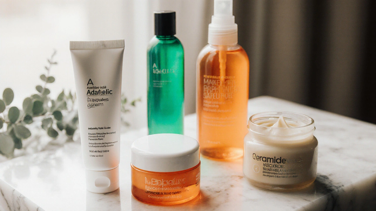 Flat‑lay of azelaic cream, retinoid gel, benzoyl peroxide wash, and moisturizer on marble.