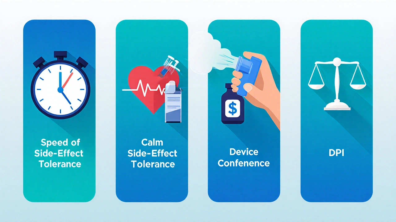 Four panel illustration showing speed, side effects, device type, and cost for inhaler choices.