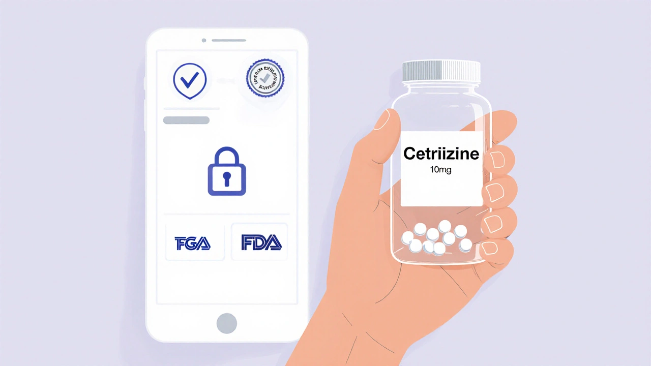 Hand holding cetirizine bottle next to secure pharmacy app on phone.