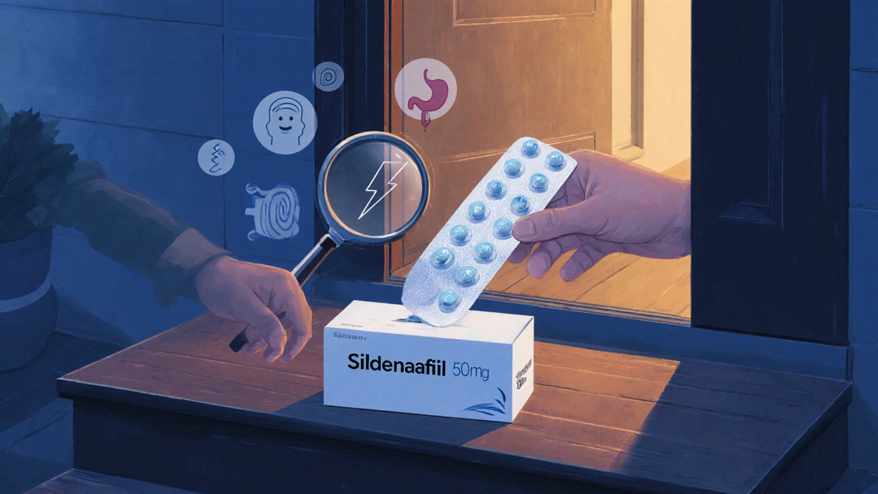 Hand opening a delivery box of sildenafil pills with side‑effect icons nearby.