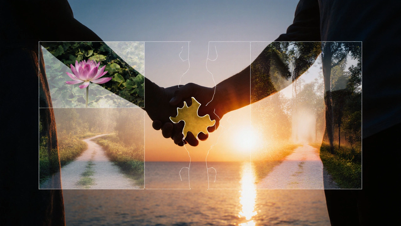 Hands moving from a handshake to an embrace against a sunrise, symbolizing healing choices.