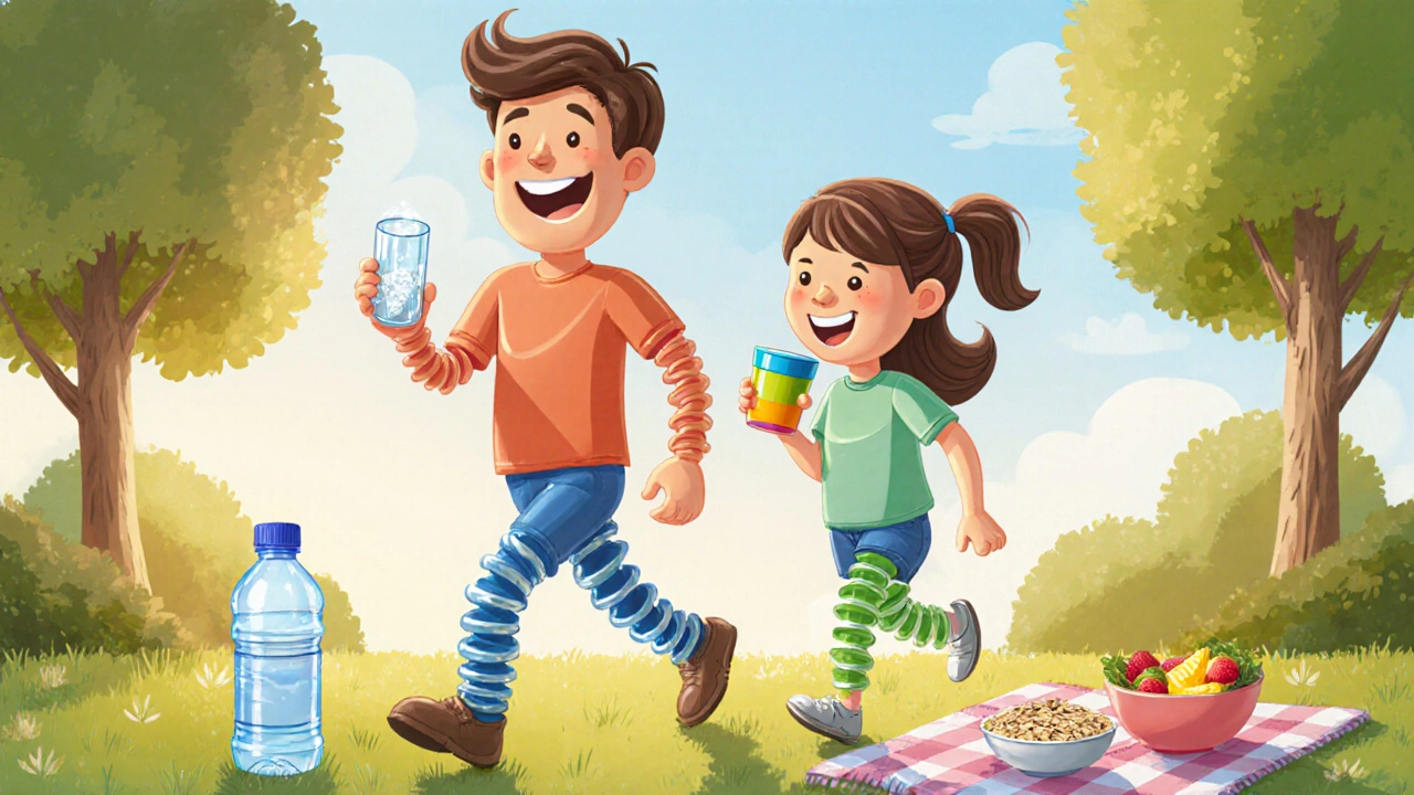 Happy family drinking a PEG 3350 mixture and strolling in a park.