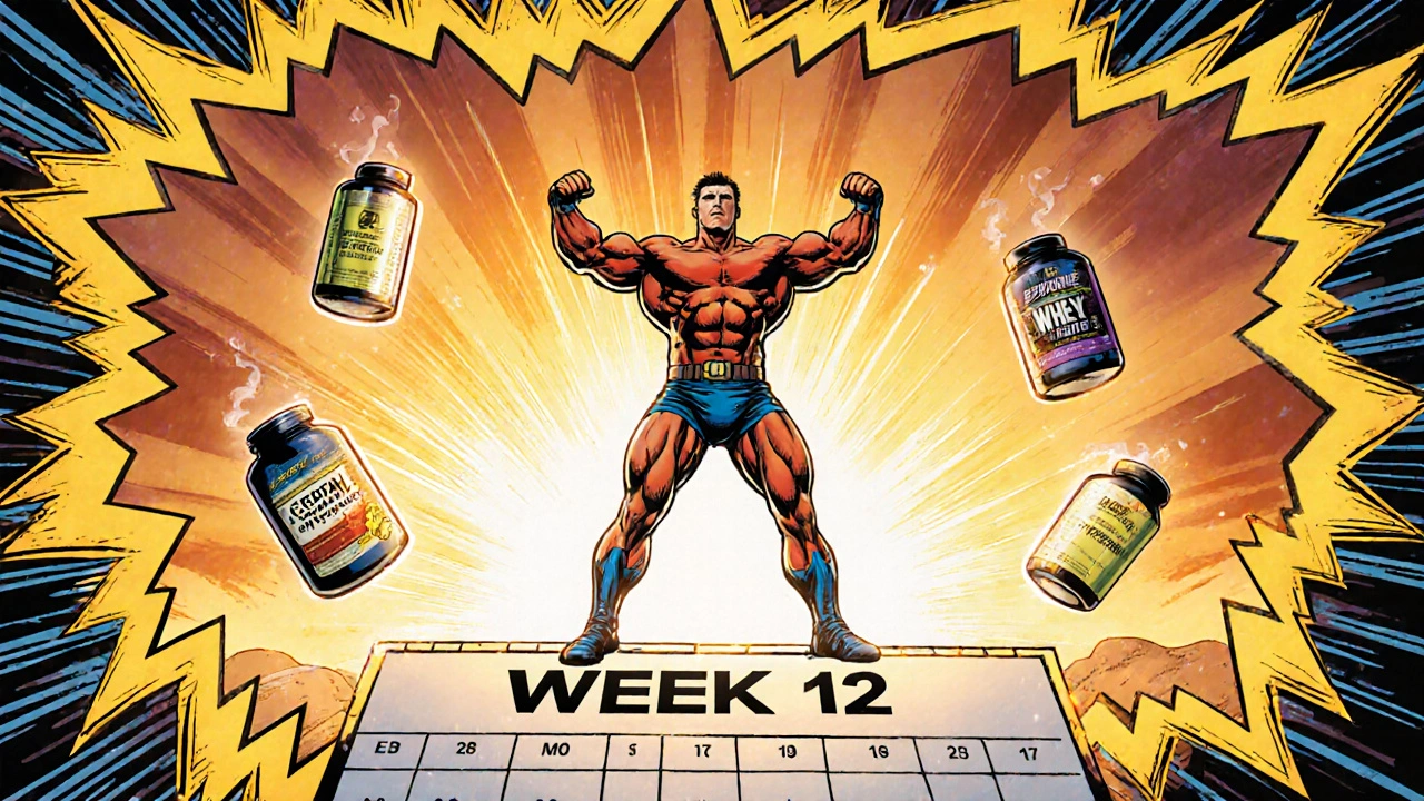 Hero surrounded by supplement bottles on a calendar, celebrating progress.