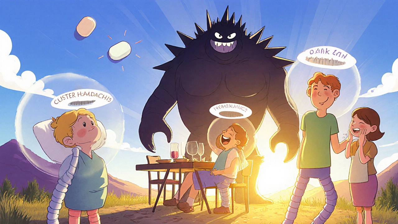 People living freely with invisible Verapamil pills protecting them from shrinking headache monsters.