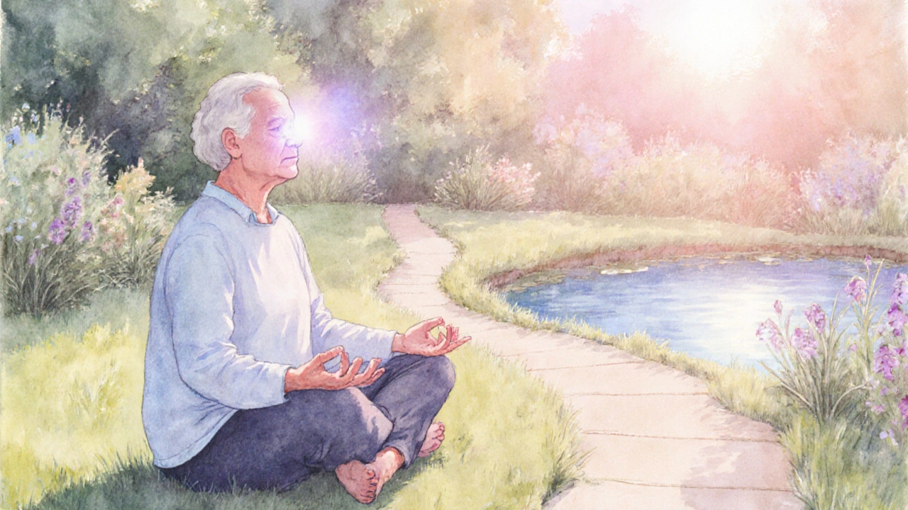 Person meditating in a garden with a calm aura symbolizing reduced eye pressure.