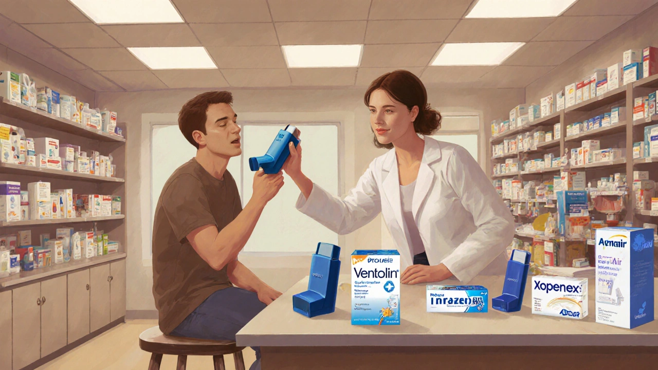 Pharmacist guiding a patient on inhaler technique with several inhalers displayed on the counter.