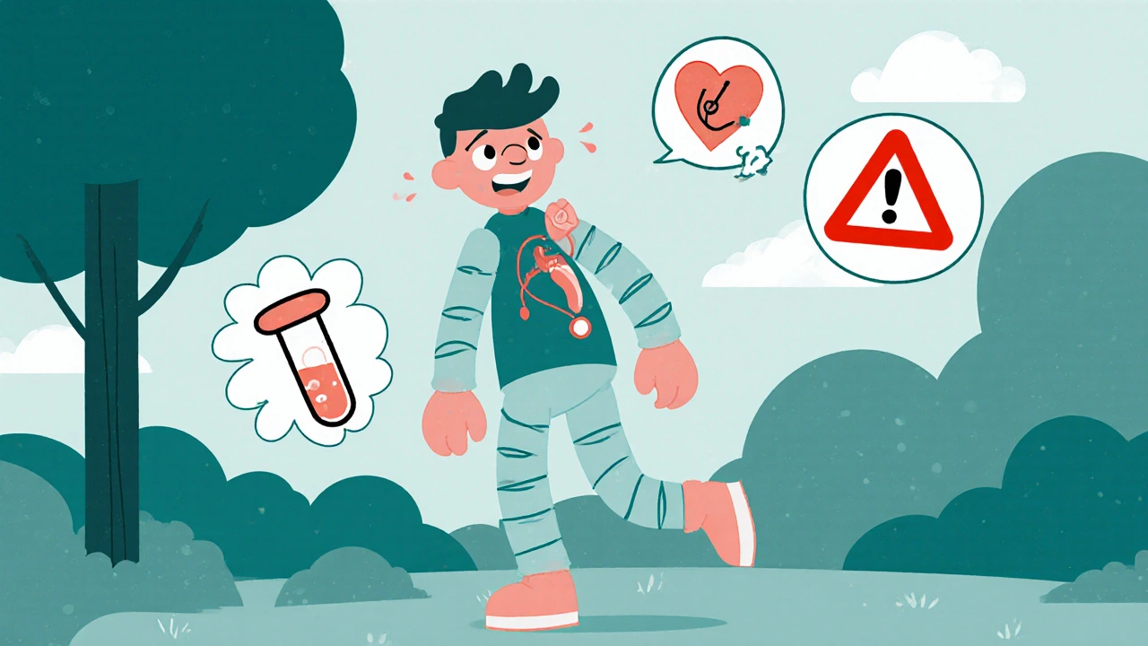 Playful illustration of a person with swelling and shortness of breath surrounded by BNP test and ultrasound icons.