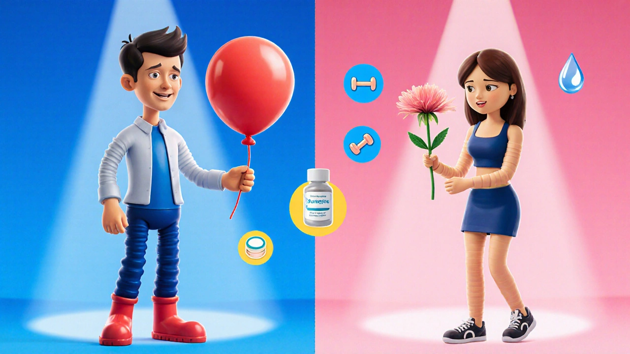 Rubber‑hose man with deflated balloon and woman with wilting flower, surrounded by pill and exercise icons.