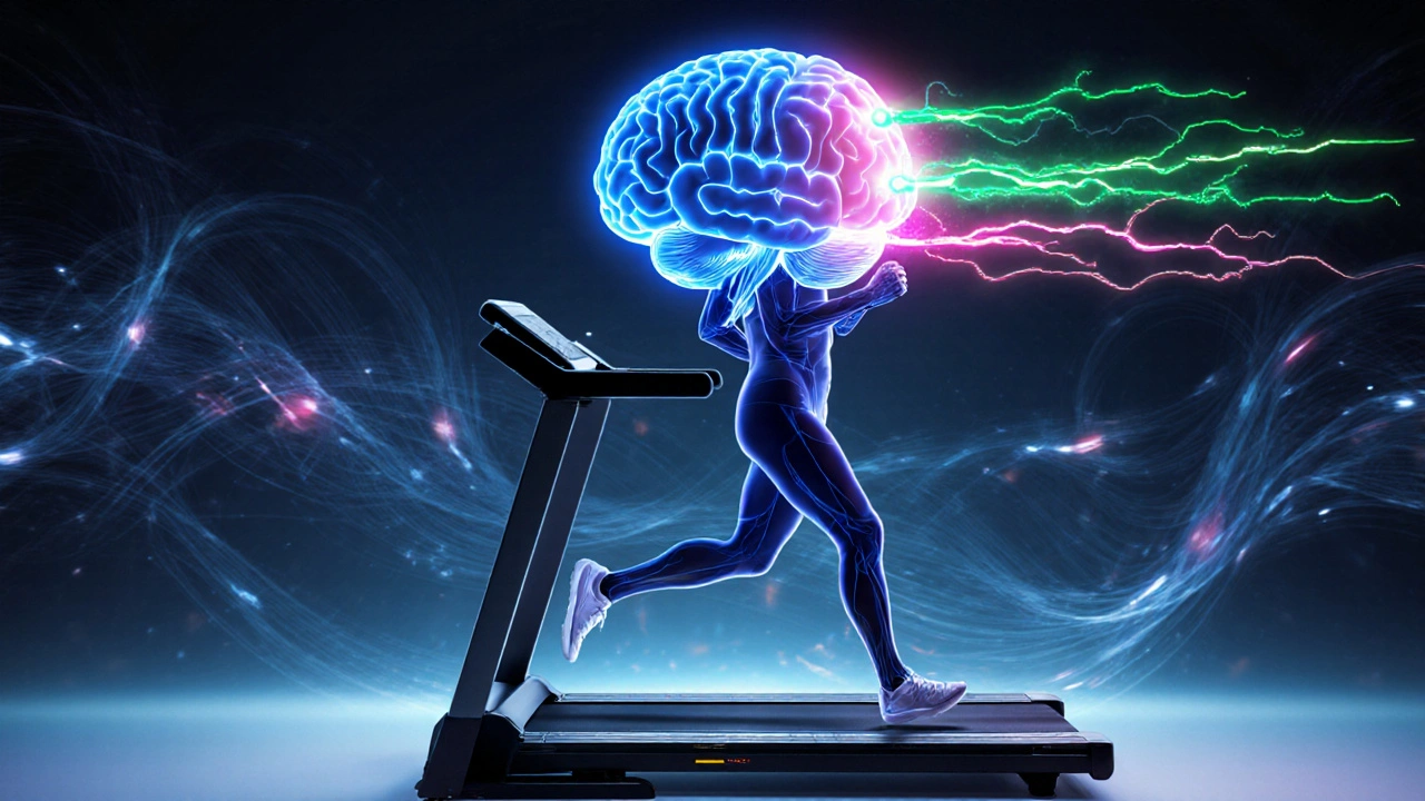 Runner on treadmill with glowing brain showing dopamine and BDNF streams.