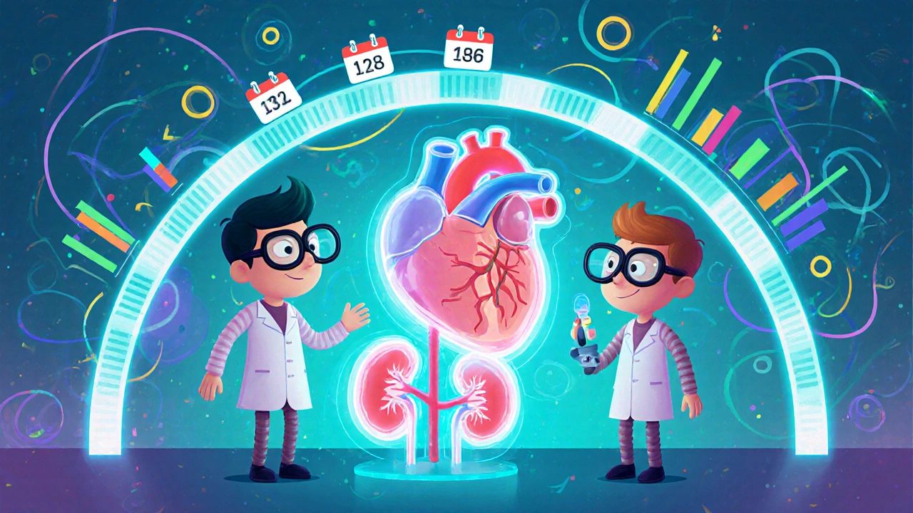 Scientists examine floating heart and kidneys model with colorful data streams and a decade timeline.