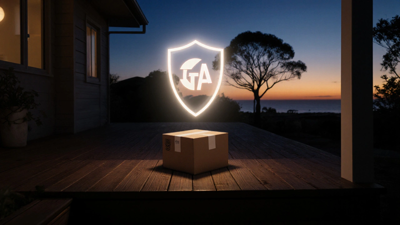 Sealed box with protective shield on an Australian doorstep, symbolizing safe purchase.