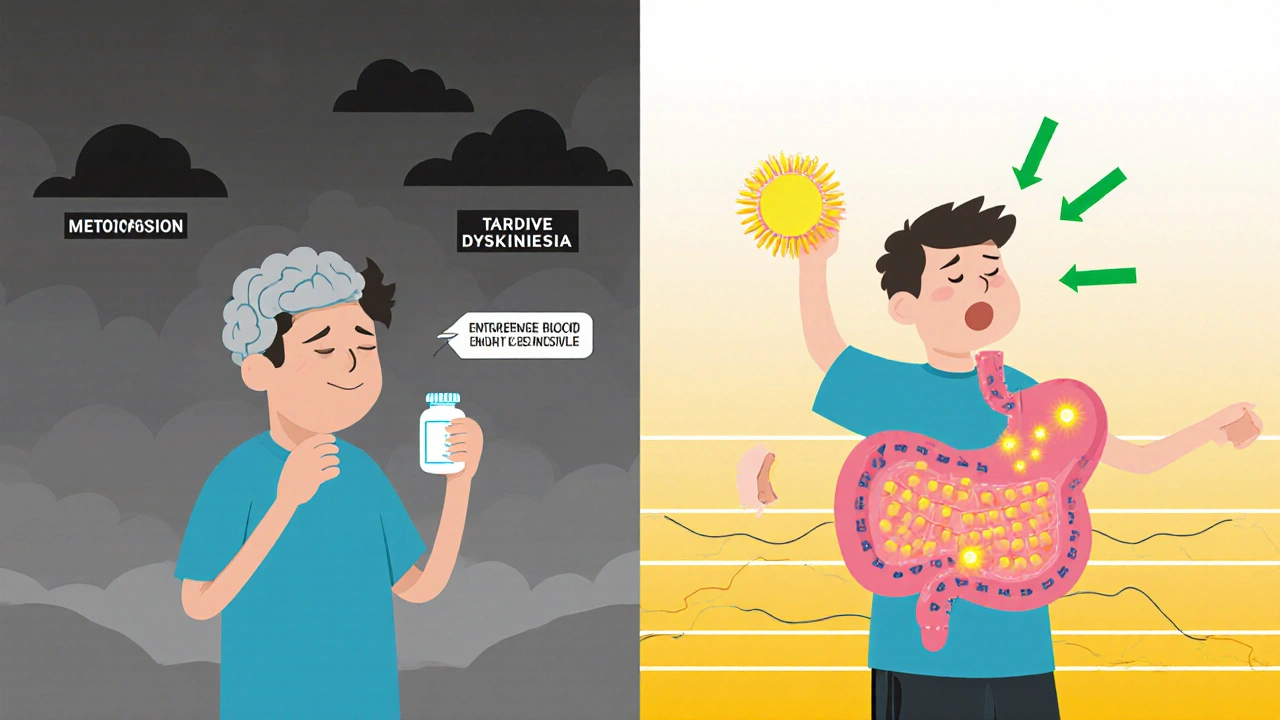 Side-by-side: one person tired from metoclopramide side effects, another energized with domperidone and stable blood sugar.
