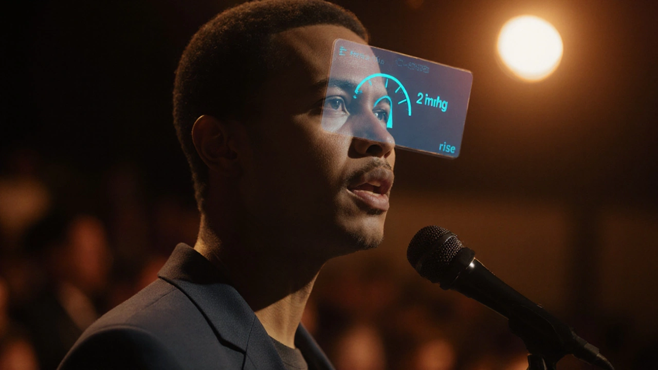 Speaker on stage with a faint gauge indicating increased eye pressure during stress.