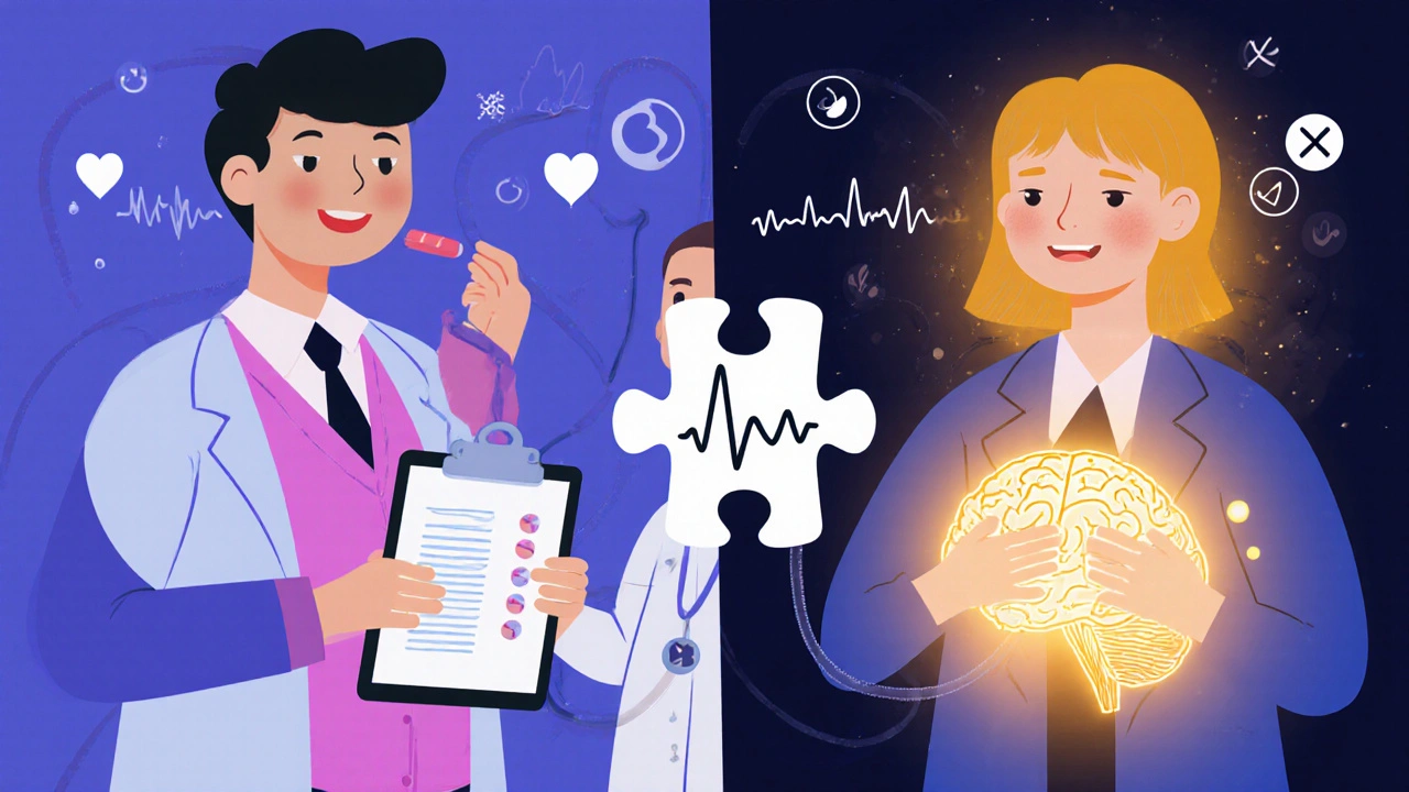 Split scene: one side calm with propranolol, other side glowing with amlodipine and sertraline.