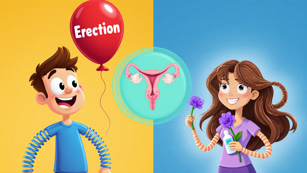 Split scene showing a man with deflated erection balloon and a woman with wilted flower.