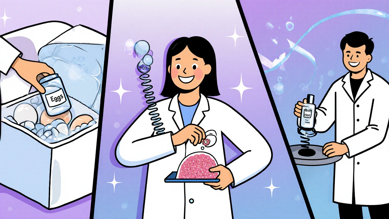 Split scene showing egg freezing vial, embryo tube, and ovarian tissue removal.