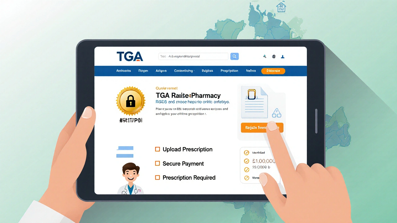 Tablet screen showing a TGA‑registered pharmacy with HTTPS lock and checklist.