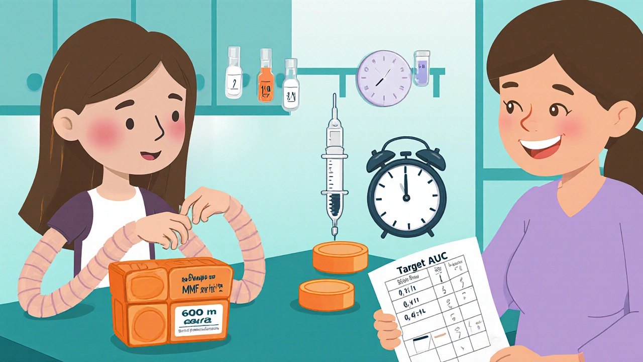 Teen organizes MMF doses with BSA chart and timing clock at kitchen table.