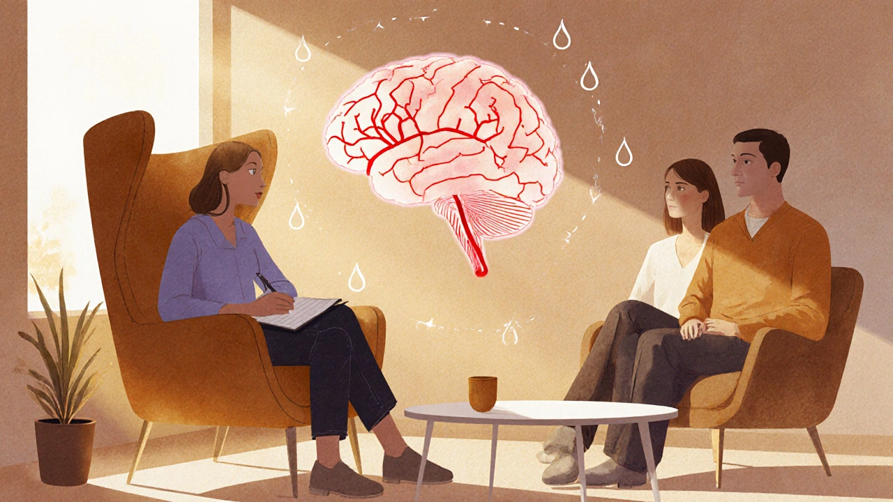 Therapist guiding a couple, with a glowing brain illustration showing threat pathways.