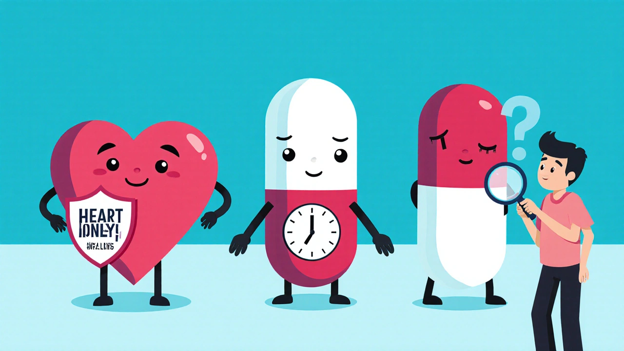 Three cartoon pills with distinct traits representing different beta blockers side by side.