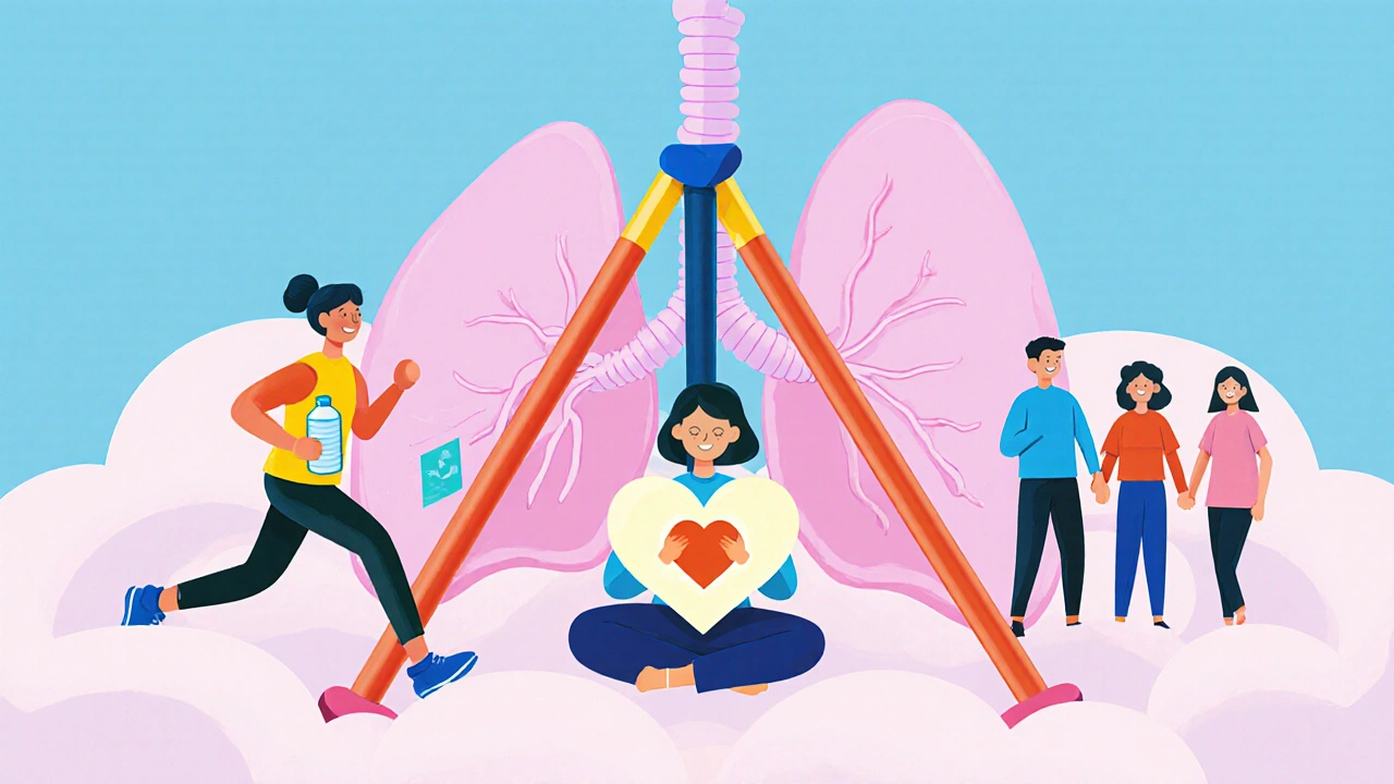 Tripod of self‑care pillars: jogger, meditating figure, and supportive group on a pastel cloud.