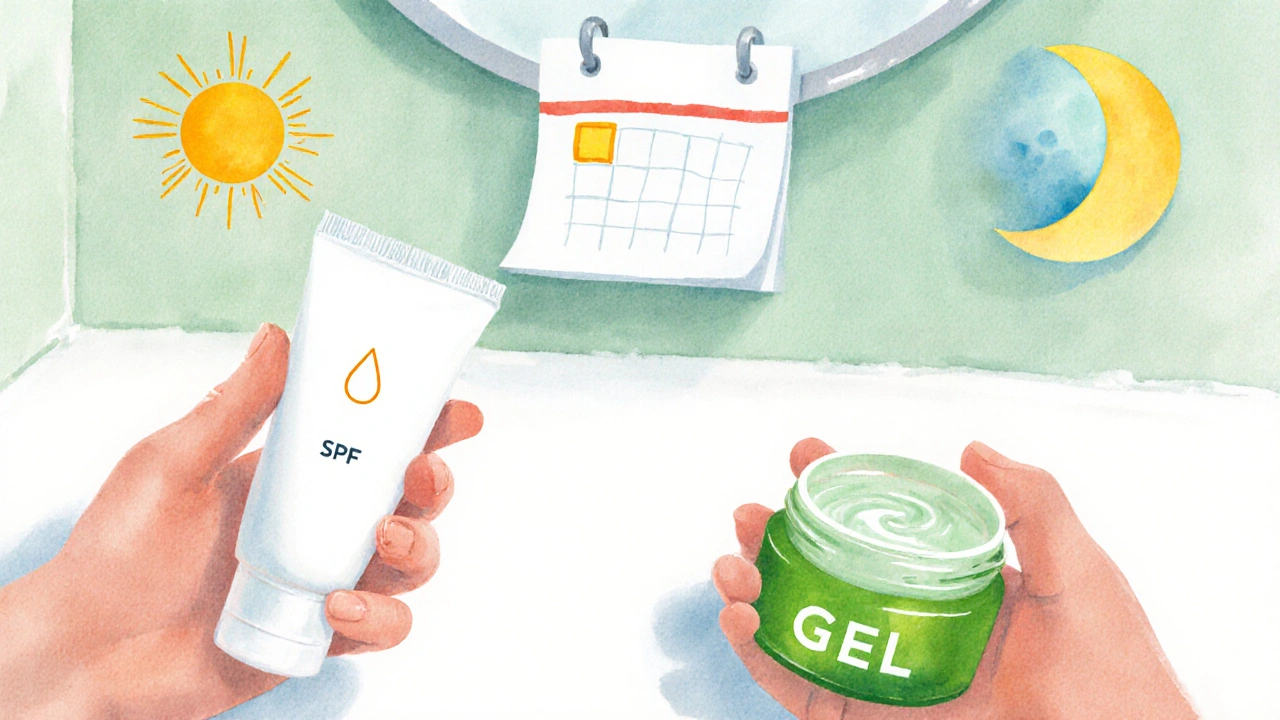 Watercolor illustration of a vanity with two skincare products, sun and moon icons, and a calendar.