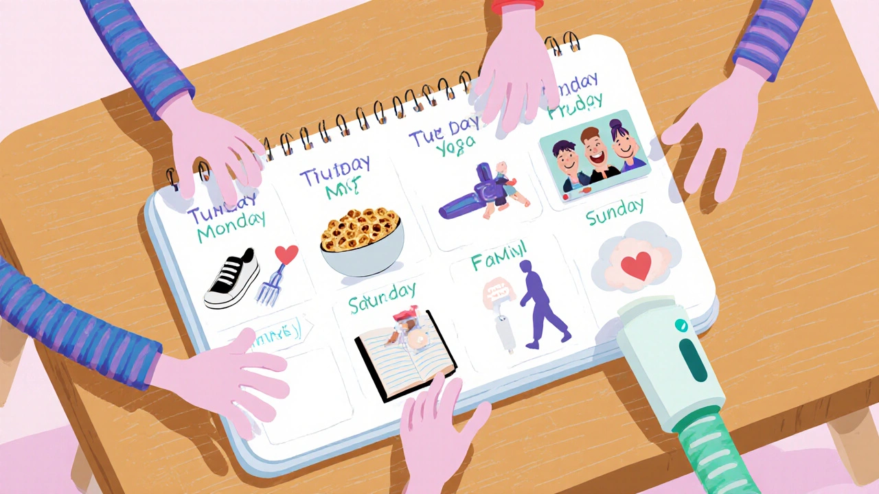 Weekly planner with cartoon icons for walking, video call, yoga, journaling, family, gardening, and breathing.