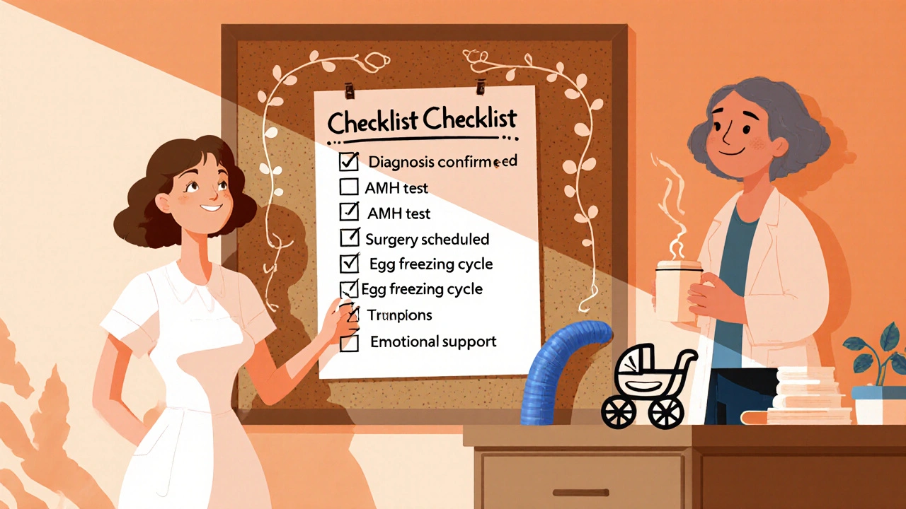 Woman ticking a fertility preservation checklist in a bright home office.