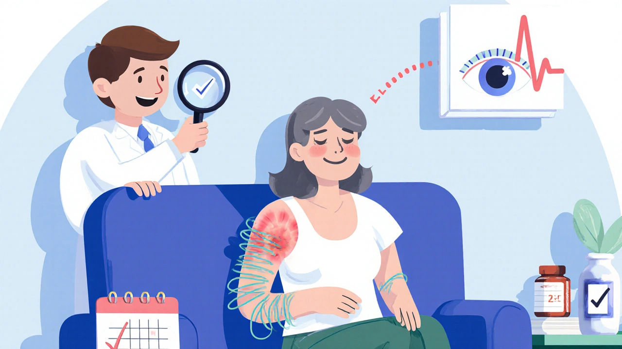 Woman with reduced shoulder pain, eye exam and medication items in a playful illustration.