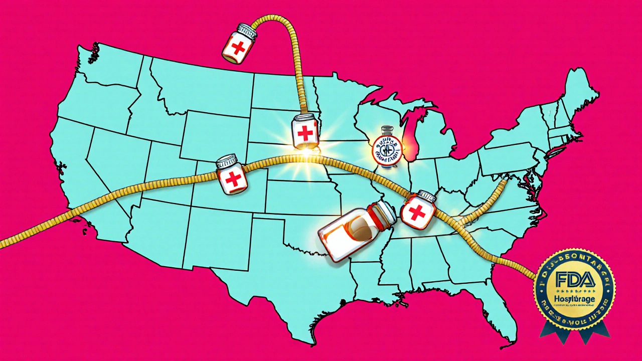 A broken pill bottle snaps in a supply chain, but three others stretch to reconnect, preventing a hospital blackout.