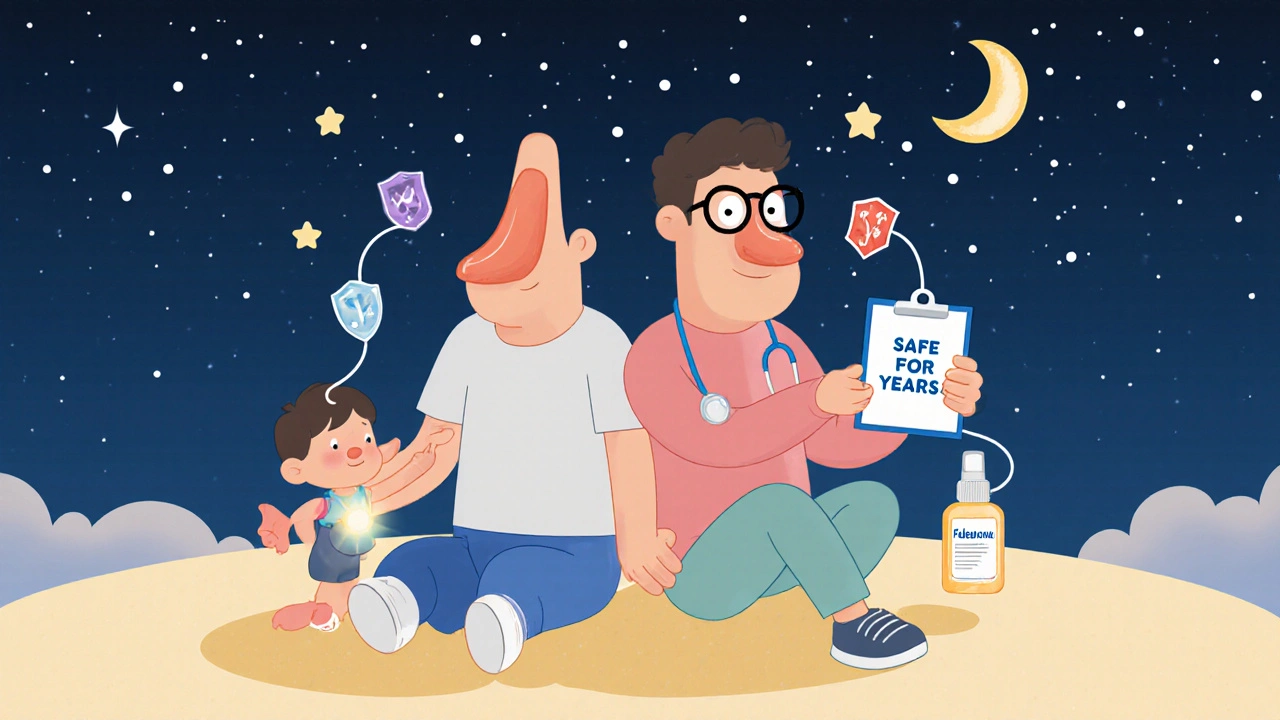 A child and adult with glowing noses connected to their respective sprays under stars