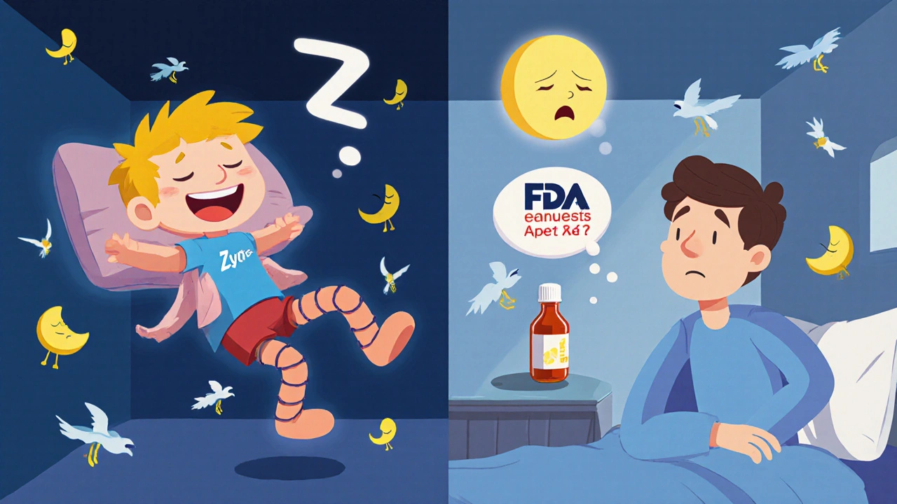 A child falls asleep mid-air after taking Zyrtec, while a parent sees an FDA alert.