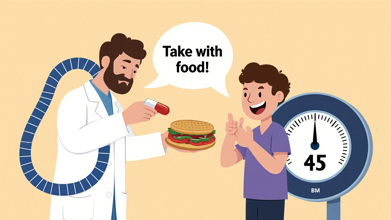 A doctor gives rivaroxaban pill with food to a patient, BMI 45 scale shows thumbs-up in playful cartoon style.