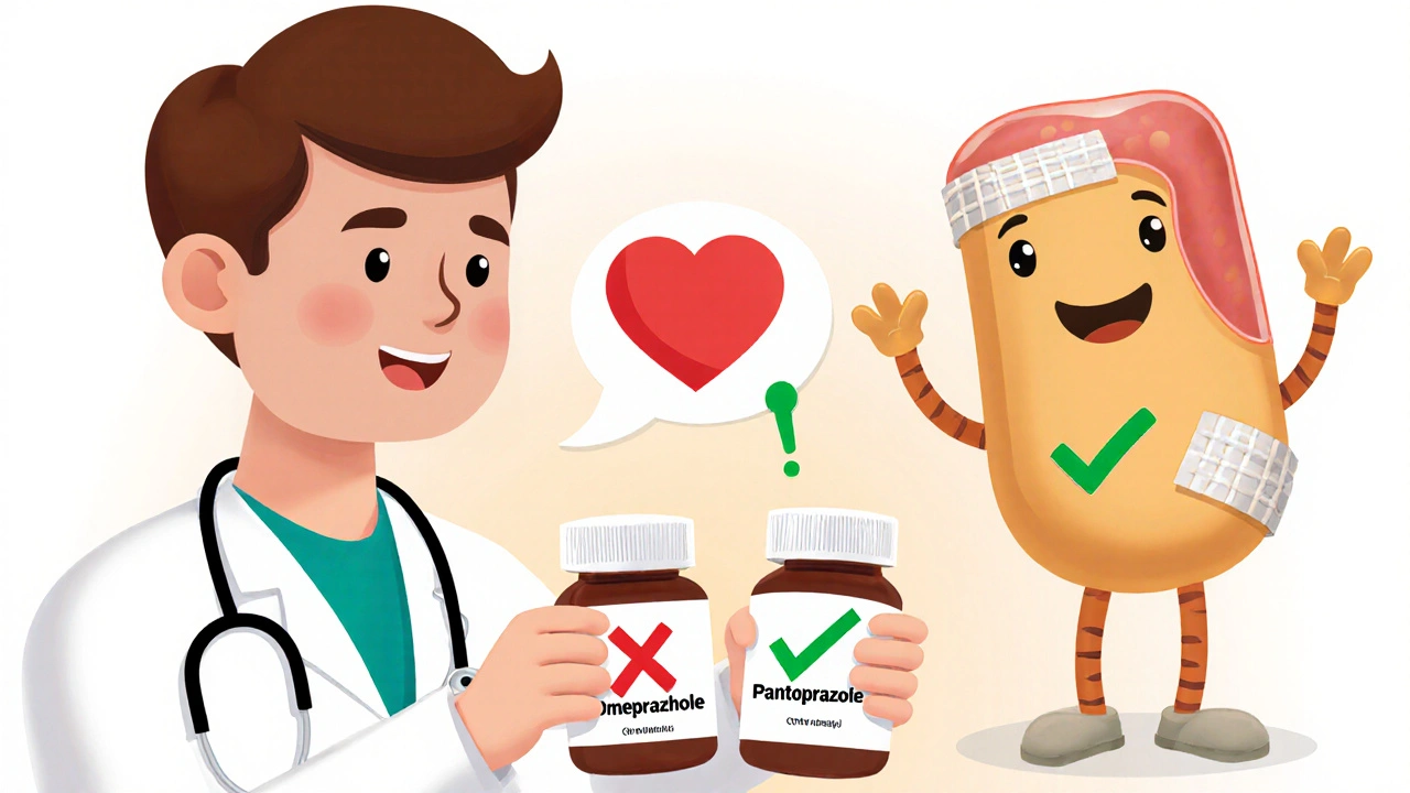 A doctor holding two pill bottles—one marked unsafe and one safe—for a patient on clopidogrel, with a friendly enzyme in the background.