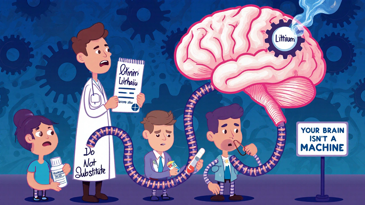 A doctor holds a &#039;Do Not Substitute&#039; prescription while linked patients hold different pills, with a sparking brain in the background.