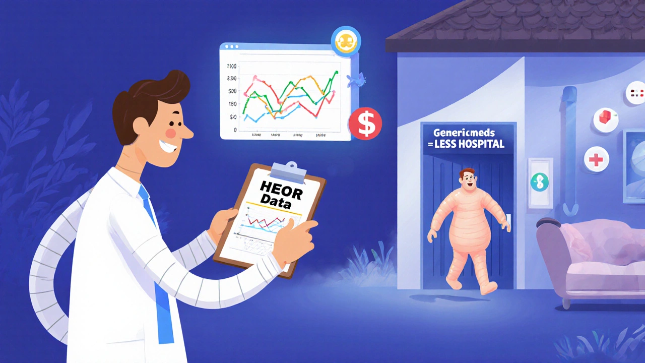 A doctor points to a dashboard showing lower hospitalizations and higher adherence as a patient walks away from an ER.
