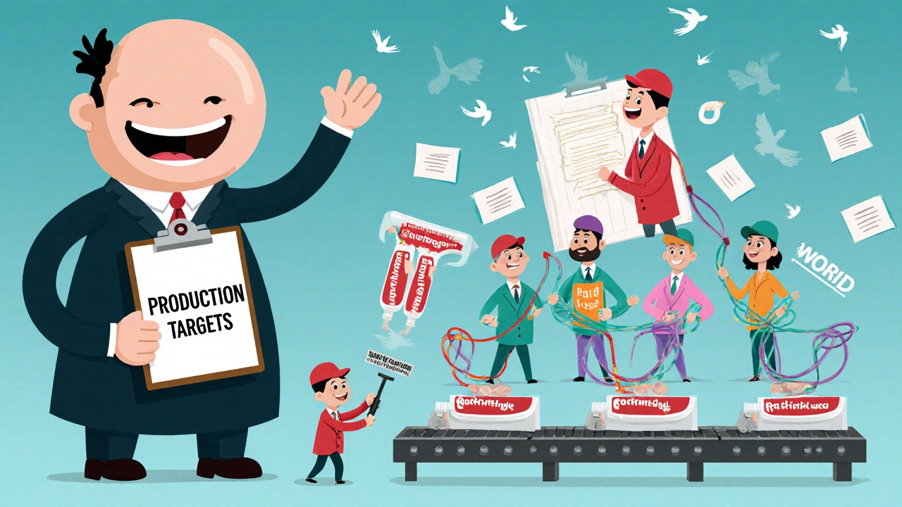 A giant boss ignores a small quality team trying to stop contaminated medicine from moving on a conveyor belt.