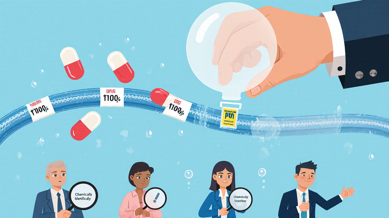 A giant PBM hand squeezes a drug pipeline — generics drop in price, but a branded pill bounces back with a rebate badge.