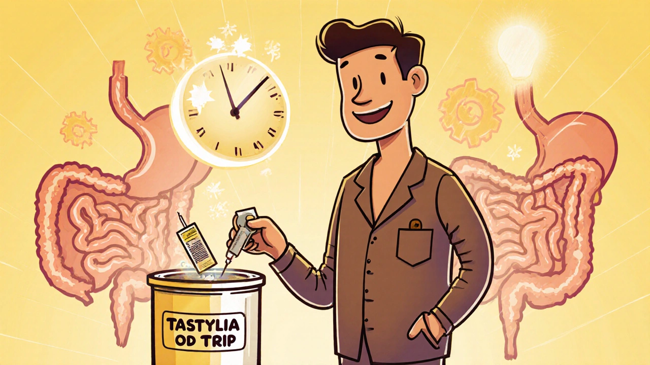 A man discarding an injection needle and using a strip instead, with a glowing 36-hour clock.