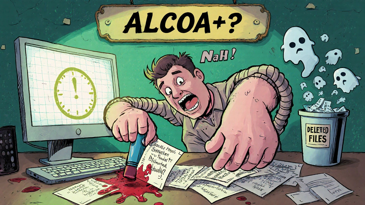 A man erasing batch records with a giant eraser, ink dripping like blood, while deleted digital files float away.